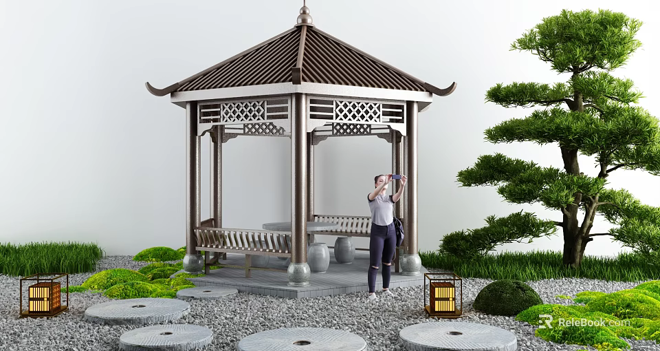 Traditional Garden Pavilion with Carved Details Green Plants Stone Path Lantern and Person Taking 3d model 
