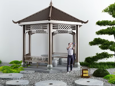 Traditional Garden Pavilion with Carved Details Green Plants Stone Path Lantern and Person Taking 3d model