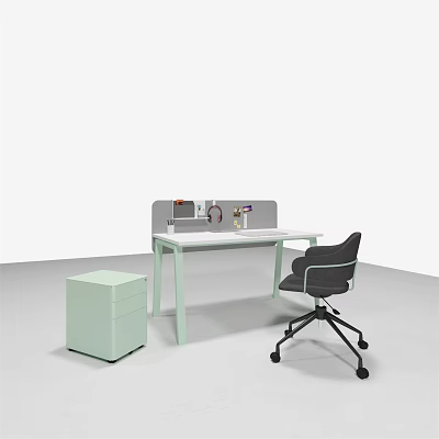White Office Desk With Gray Divider Light Green Filing Cabinet And Black Rolling Office Chair 3d model