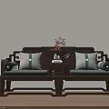 Traditional Chinese Dark Brown Wood Daybed Featuring Carved Backrest Green Gray Pillows And Tea Table