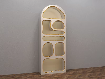 White Decorative Cabinet With Gold Trim Arched Design And Multiple Compartments 3d model