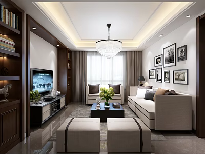 Modern Living Room Interior With Sofa Coffee Table Chandelier And Framed Paintings 3d model