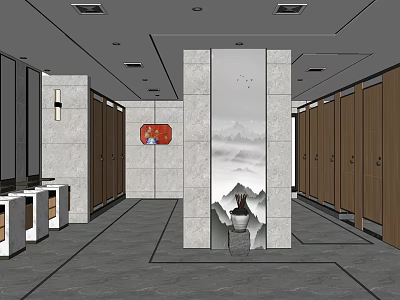 Modern Public Restroom Interior With Marble Walls Stalls Decorative Column And Landscape Painting 3d model