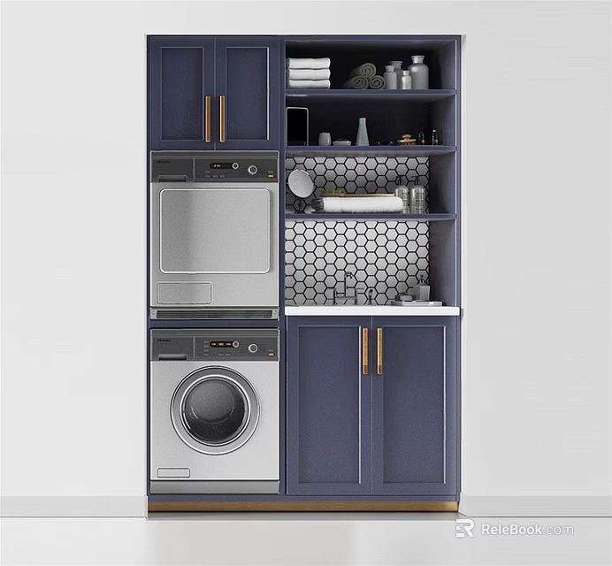 Modern Navy Blue Bathroom Cabinetry With Washing Machine Dryer And Hexagonal Tile Backsplash 3d model 