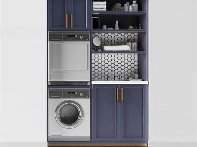 Modern Navy Blue Bathroom Cabinetry With Washing Machine Dryer And Hexagonal Tile Backsplash 3d model