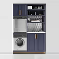 Modern Navy Blue Bathroom Cabinetry With Washing Machine Dryer And Hexagonal Tile Backsplash