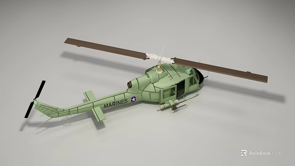 Green Military Helicopter With Marines Insignia Rotor Blades And Fuselage Design 3d model 