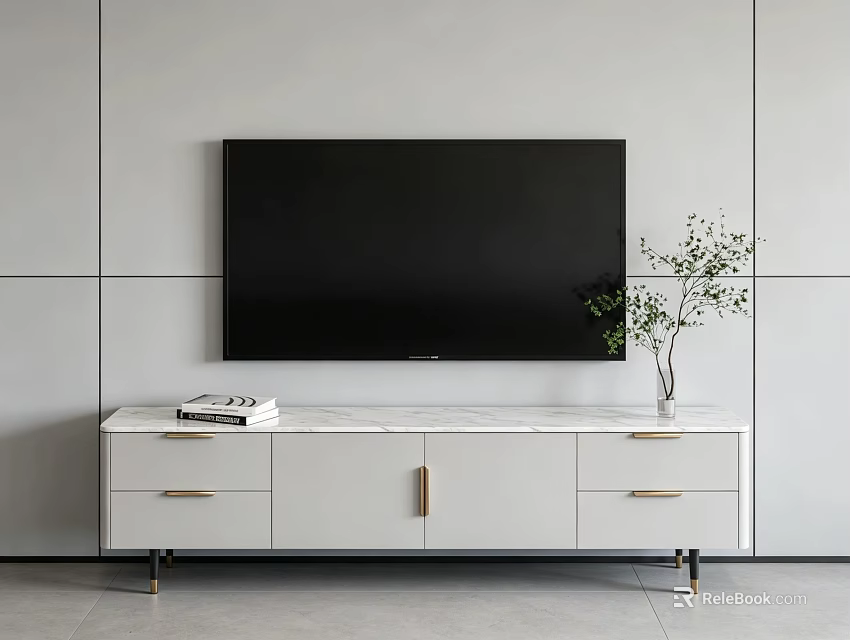 Elegant Light Luxury TV Cabinet With White Marble Top Gold Handles For Modern Living Room 3d model 