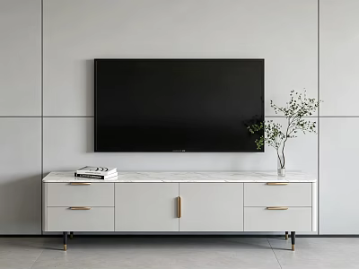 Elegant Light Luxury TV Cabinet With White Marble Top Gold Handles For Modern Living Room 3d model