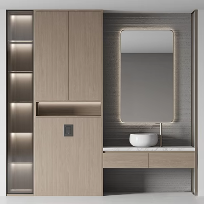 Modern Bathroom Vanity Design With Wooden Cabinet Mirror And Marble Countertop 3d model