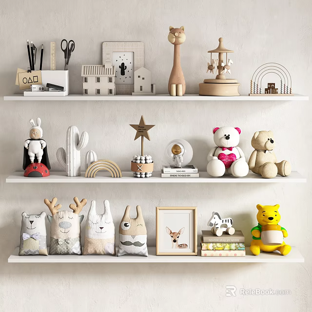 Plush Toys Display On Shelves With Decorations 3d model 
