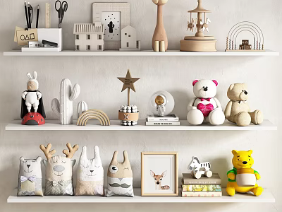 Plush Toys Display On Shelves With Decorations 3d model