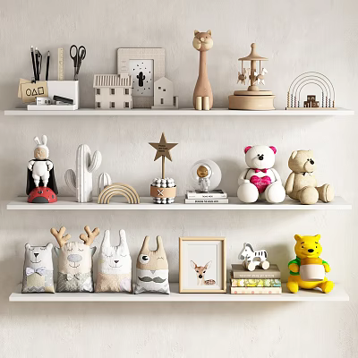 Plush Toys Display On Shelves With Decorations 3d model