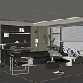 Modern Living Room Interior Design With Gray Sofa Coffee Table Bookshelf Large Windows Blinds Plant