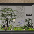 Indoor Landscape Design With Green Plants Purple Pink Flowers Stone Wall And Wooden Ceiling