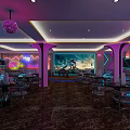 KTV Lounge With Neon Lights Large Mural Sofa Seating And Round Tables