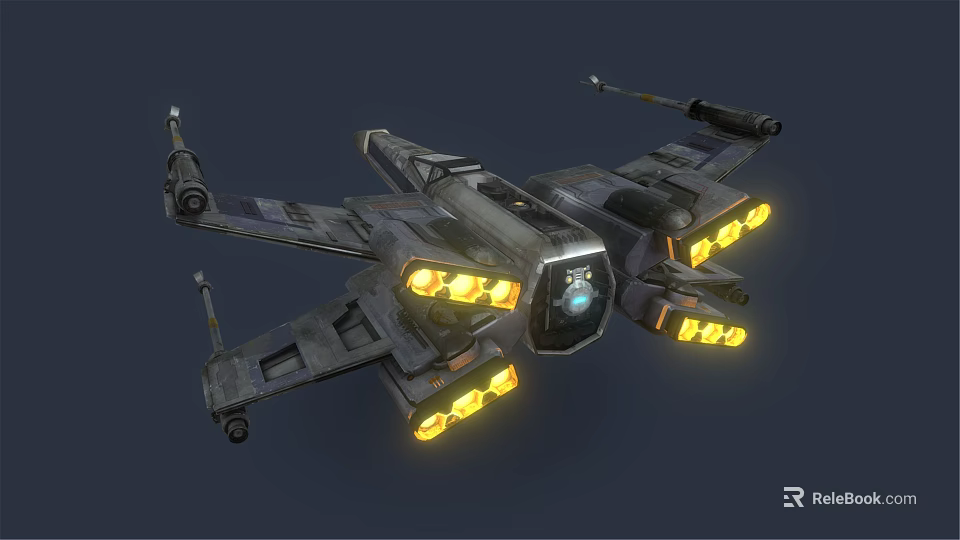 Futuristic Sci Fi Spaceship With Dark Metallic Body And Yellow Glowing Engines 3d model 