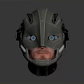 Futuristic Weapon Helmet With Metallic Shell Blue Glowing Eyes And Tactical Design