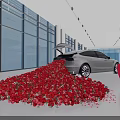 White Car in Bright Indoor Space with Red White Balloons Heart Decorations and Ocean View