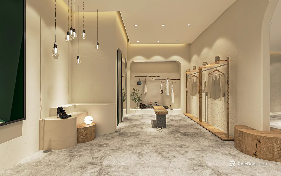 Modern Clothing Store Interior With Hanging Clothes Wooden Racks Pendant Lights And Mirrors 3d model 