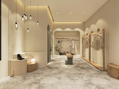 Modern Clothing Store Interior With Hanging Clothes Wooden Racks Pendant Lights And Mirrors 3d model