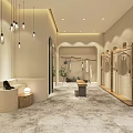 Modern Clothing Store Interior With Hanging Clothes Wooden Racks Pendant Lights And Mirrors