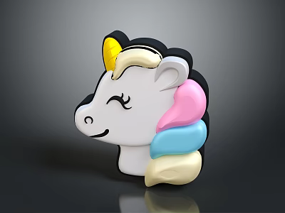 Cartoon Unicorn Head Decorative Component with Colorful Mane Yellow Horn and Cute Design 3d model