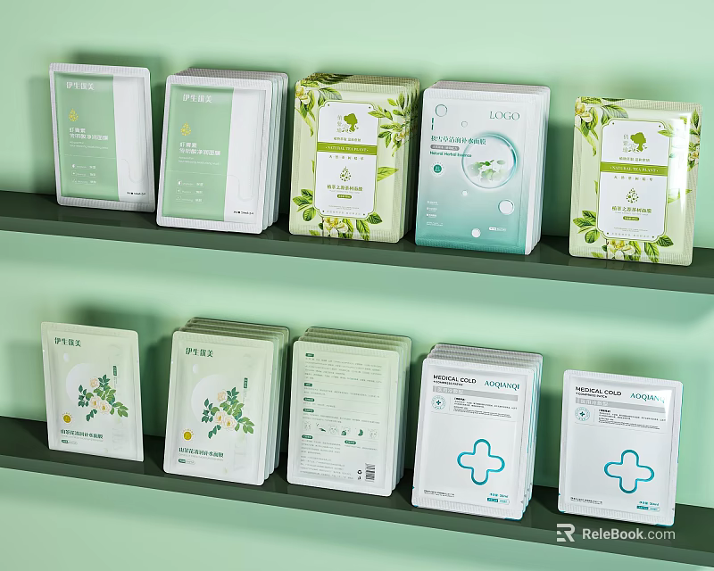 Perfume And Cosmetics Packaging Boxes Displayed On Green Shelf Arranged Neatly 3d model 