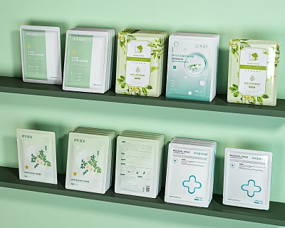 Perfume And Cosmetics Packaging Boxes Displayed On Green Shelf Arranged Neatly 3d model