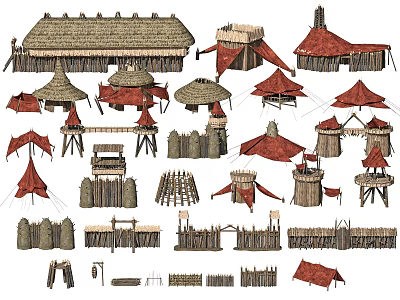 Ancient Style Tents Huts Watchtowers And Wooden Fences Collection 3d model