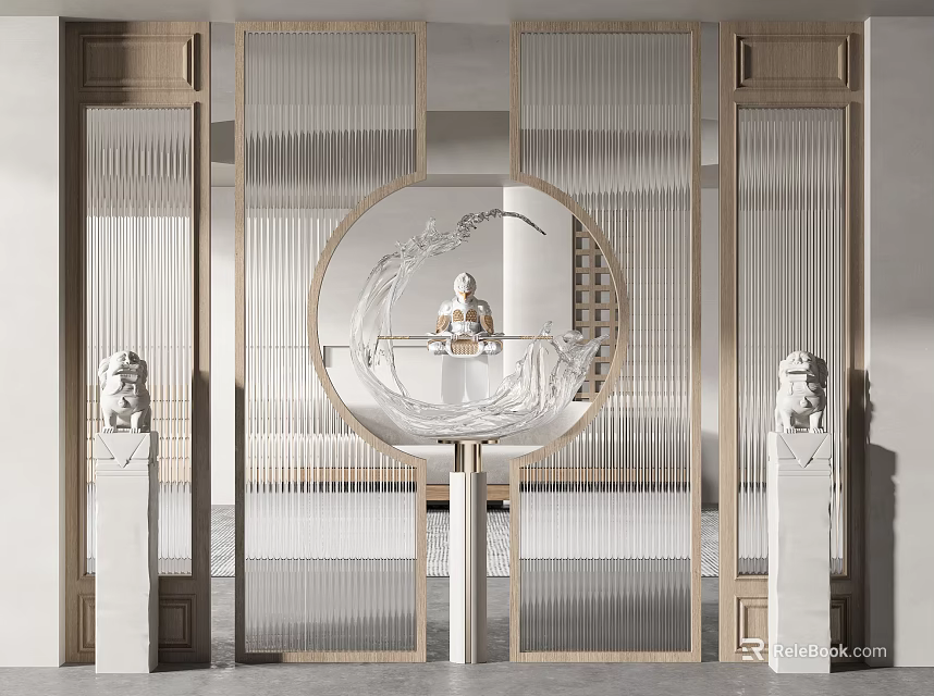 Elegant Traditional Chinese Partition With Circular Wooden Frame Gauze Curtains And Stone Lions 3d model 