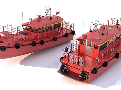 Two Red Work Yachts With Deck Railings Antennas And Life Buoys 3d model