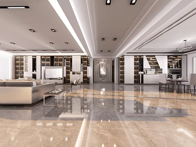 Modern Open Concept Dining Living Room Interior With Marble Floor Sofa Dining Table And Chandelier 3d model