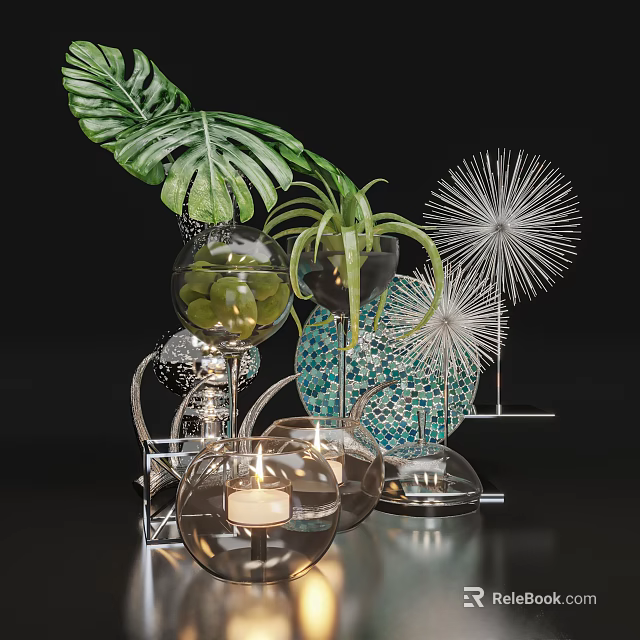 Stylish Decorative Ornament Set with Green Foliage Glass Containers Metallic Accents and Candle Holders 3d model 