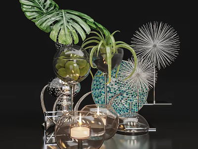 Stylish Decorative Ornament Set with Green Foliage Glass Containers Metallic Accents and Candle Holders 3d model