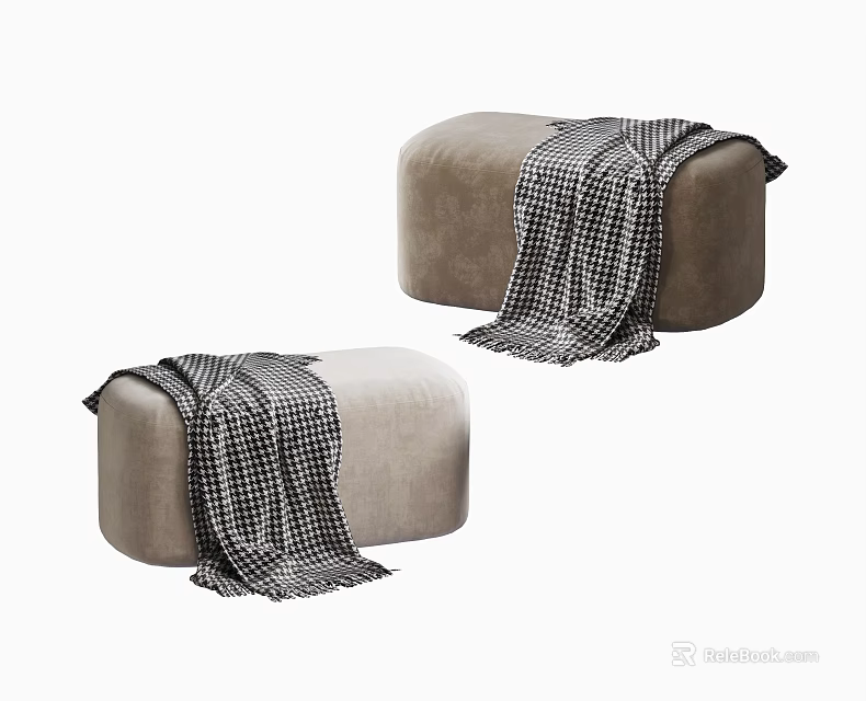Two Modern Beige Upholstered Ottoman Stools With Plaid Blankets And Soft Design 3d model
