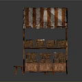 Rustic Fruit Stall Featuring Striped Awning Wooden Shelves Fruit Baskets And Small Stool