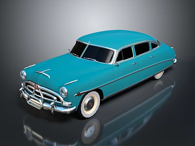 Classic Blue Vintage Car With Retro Rounded Body And White Wheels 3d model