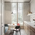 Modern Minimalist Restaurant Featuring Round White Table Fruits Magazine Pink Black Chairs Large Windows Trees