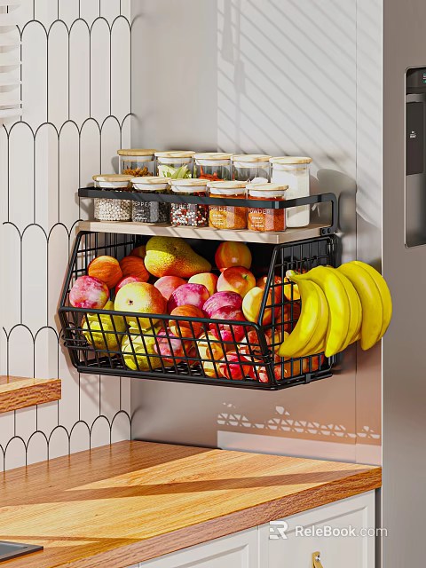 Fresh Variety of Fruits in Kitchen Wall Mounted Basket with Storage Jars 3d model 