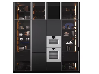 Modern Kitchen Cabinet Design With Glass Doors Built in Appliances And Dinnerware 3d model