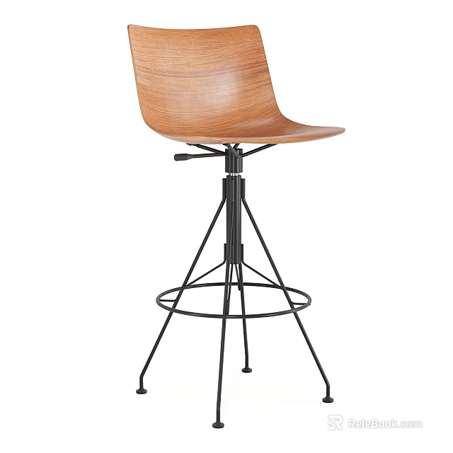 Wooden Curved Seat Bar Stool With Black Metal Adjustable Base And Footrest 3d model 