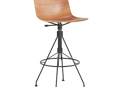 Wooden Curved Seat Bar Stool With Black Metal Adjustable Base And Footrest 3d model