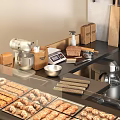 Cafe Bakery Reception Counter With Wooden Design Bread Shelves Coffee Machine And Menu Boards