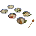 Variety of Soup Noodles in Traditional Bowls with Fresh Toppings and Vegetables