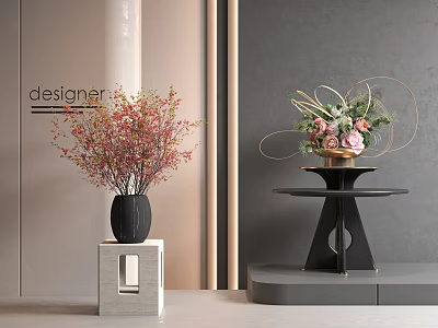 Black Vase Pink Blossoms On Gray Pedestal And Gold Accented Floral Decor On Black Table 3d model