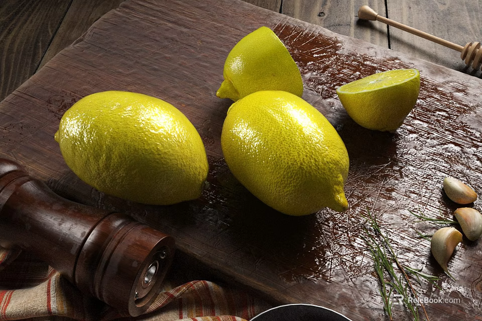 Fresh Ripe Lemons Whole and Sliced on Wooden Cutting Board with Fresh Dill 3d model 