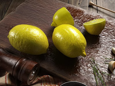 Fresh Ripe Lemons Whole and Sliced on Wooden Cutting Board with Fresh Dill 3d model