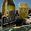 Scenic Water Landscape With Rocks Beer Bottle Mug And Green Limes