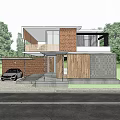 Modern Detached Villa With Red Brick Exterior Wooden Elements Black Car And Lush Trees